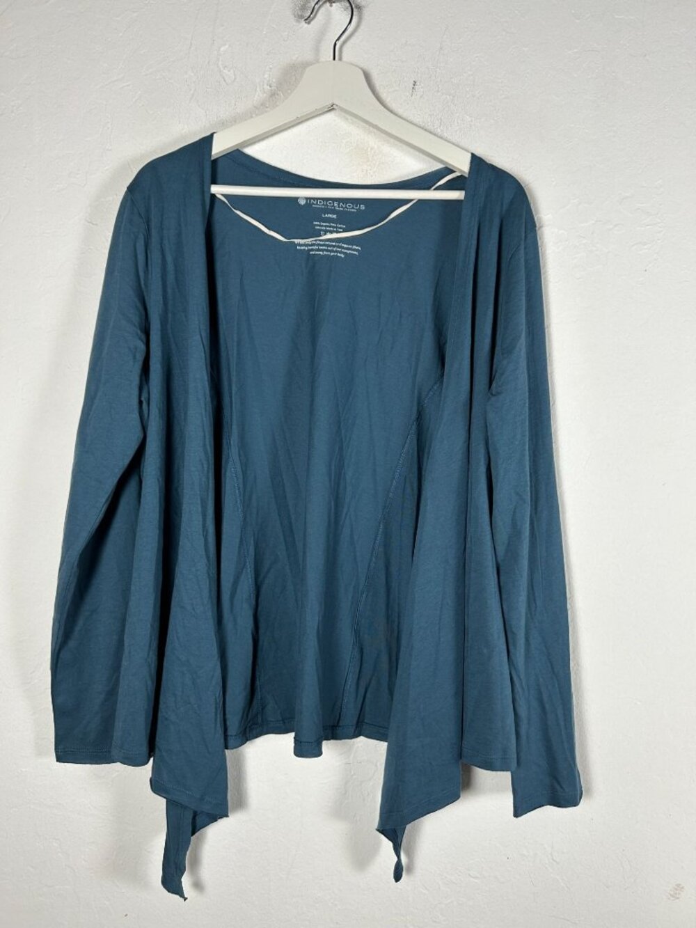 Indigenous Organic Pima Cotton Womens Open Front Cardigan Sweater Large Blue